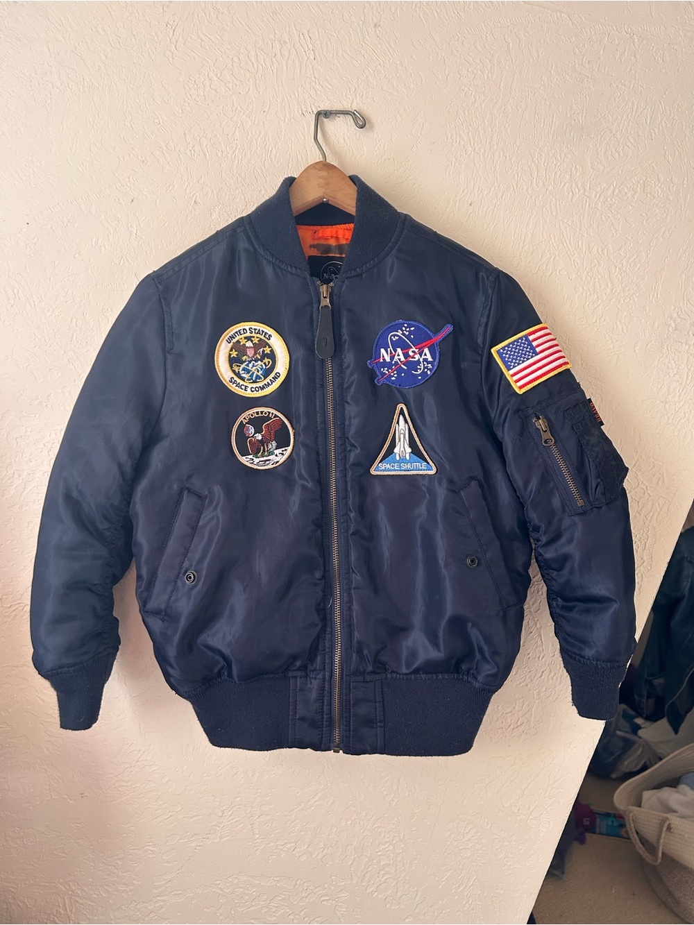One of a kind, Navy Kid’s Bomber Jacket with unique NASA Patches, Youth Small